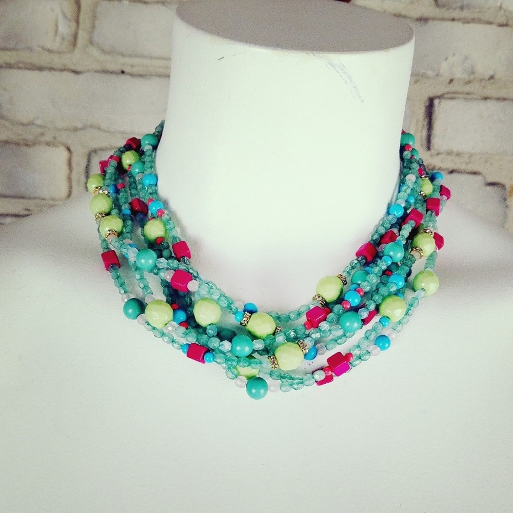 AQUA collar necklace 7 strands pink turquoise - Picture 3 of 8